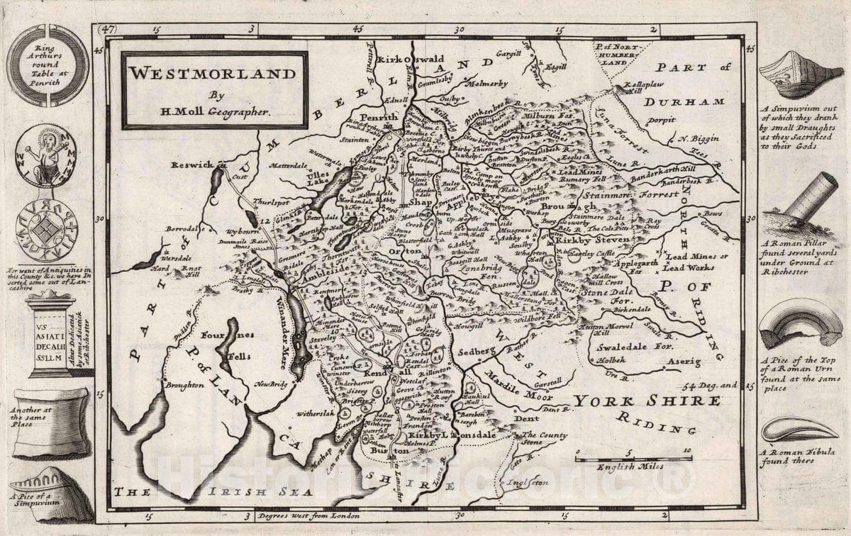Historic Map : 1724 National Atlas - Westmoreland. by H. Moll Geographer - Vintage Wall Art