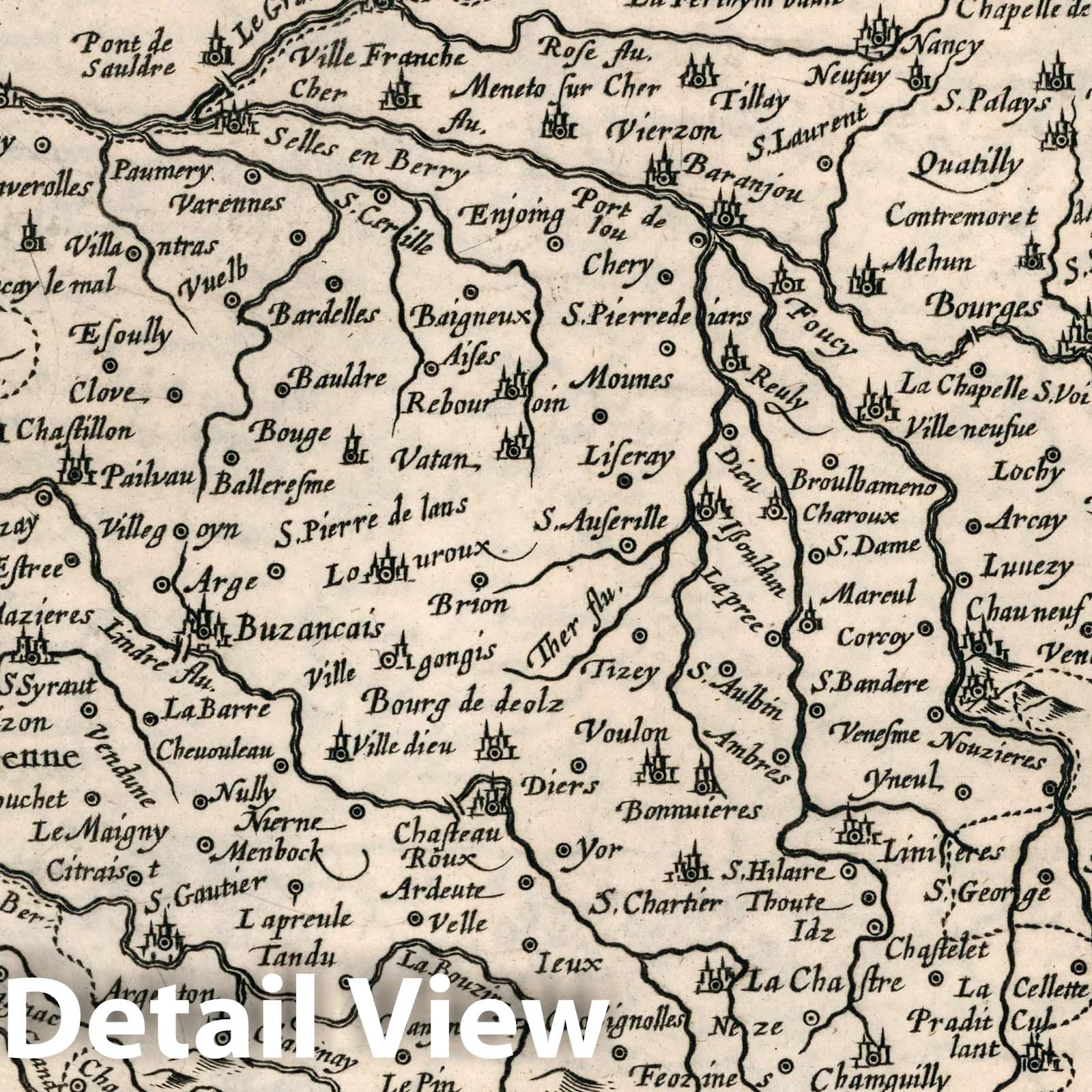 Berry, France - River Map, 1636 - Historical Map Print