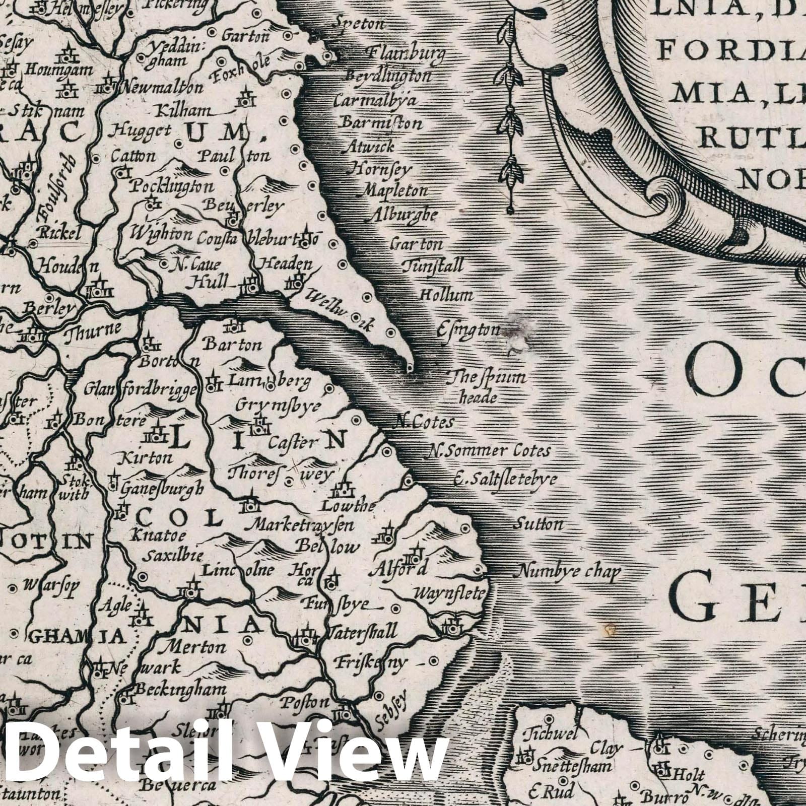 Yorkshire, Lincolnshire, Derbyshire, Staffordshire, Nottinghamshire, Leicestershire, Rutland, Norfolk - River Map, 1636