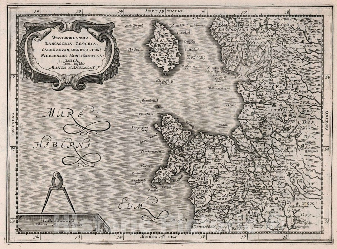 Historic Map : England, Westmorlandia, Lancastria, Cestria, Caernarvan, Denbigh, 1636 Atlas , Vintage Wall Art