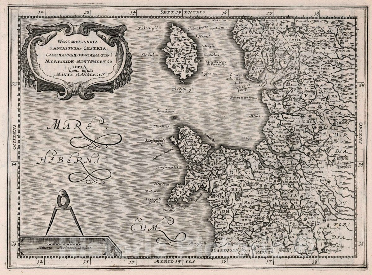 Historic Map : England, Westmorlandia, Lancastria, Cestria, Caernarvan, Denbigh, 1636 Atlas , Vintage Wall Art