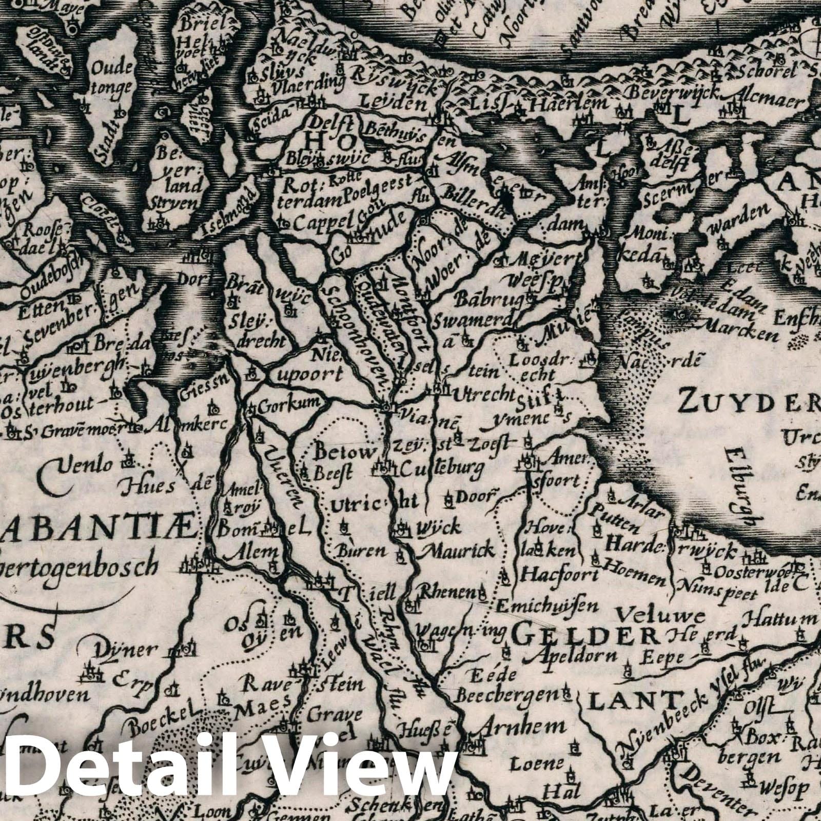 Netherlands - River Map, 1636 - Historical Map Print