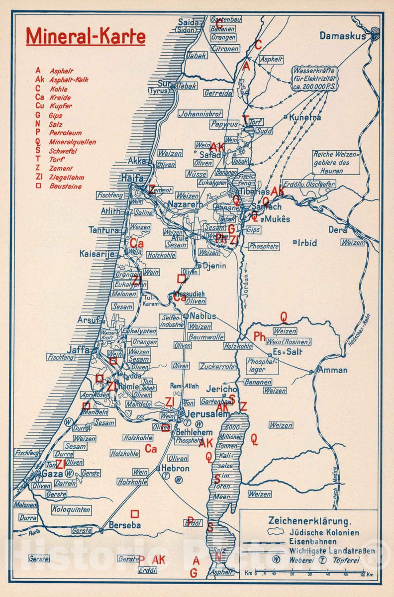 Historic Map : Israel, Holy Land 1926 Palaestina - Wirtschafts - Atlas. Mineral - Karte. , Vintage Wall Art