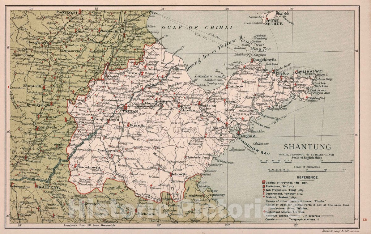 Historic Map : 1908 National Atlas - Shantung. Stanford's Geographical Establishment - Vintage Wall Art