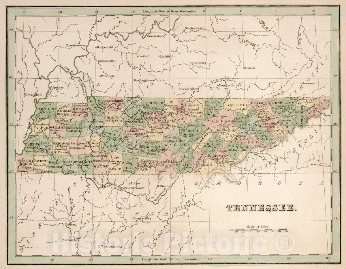 Historic Map : Tennessee. A Comprehensive Atlas, Geographical, Historical & Commercial, 1838 Atlas - Vintage Wall Art