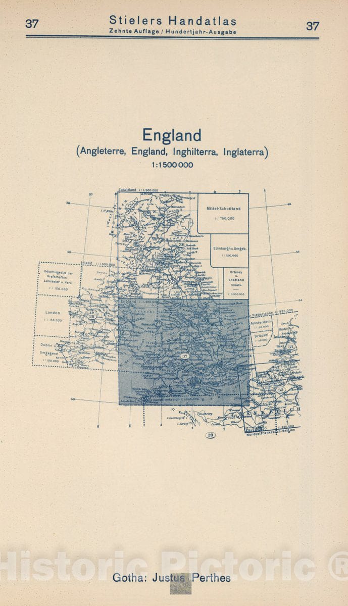 Historic Map : 1925 (Index Map) 37. England. - Vintage Wall Art