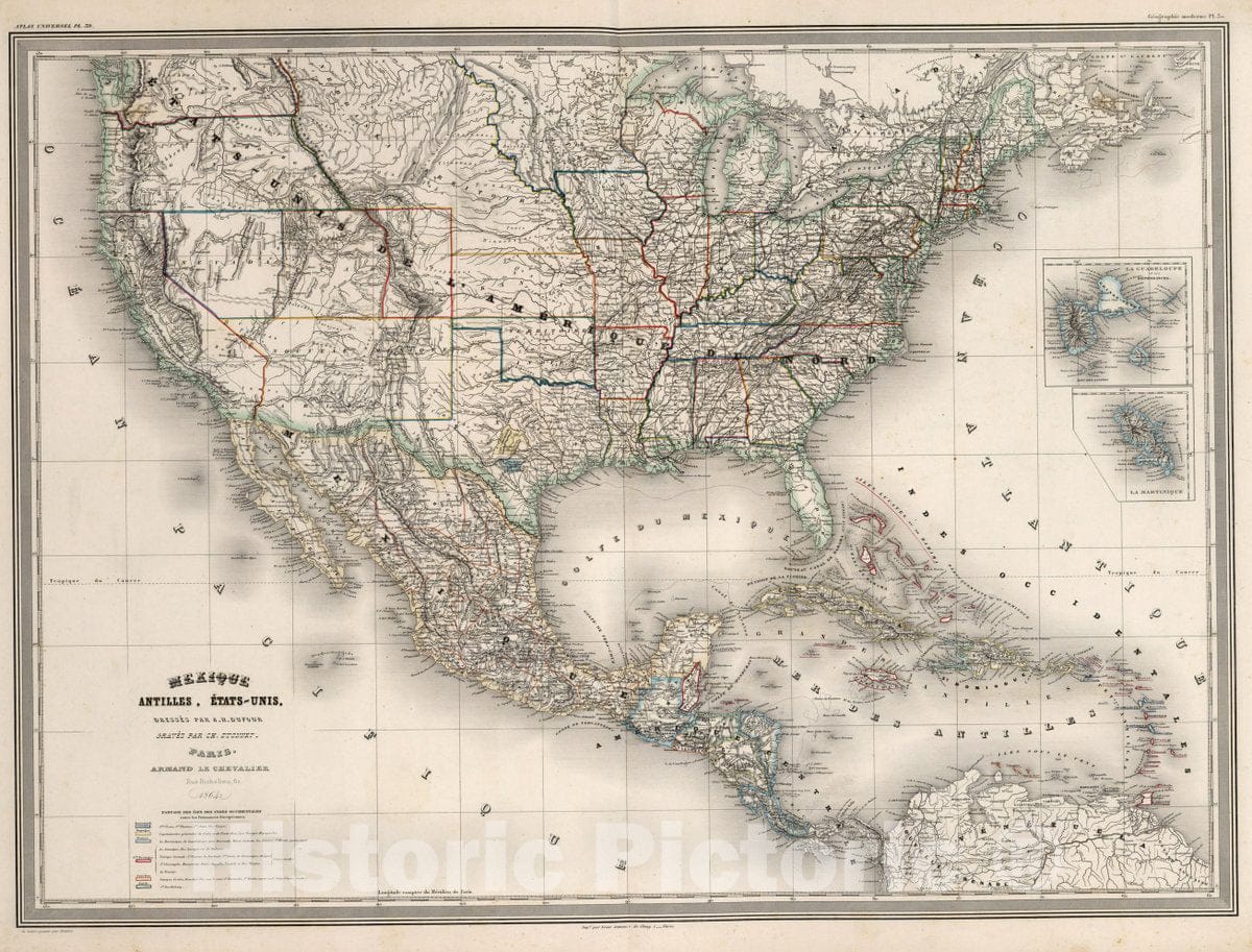 Historic Map : Mexico, West Indies Mexique, Antilles, Etats-UNIS. Pl. 39, 1864 Atlas , Vintage Wall Art