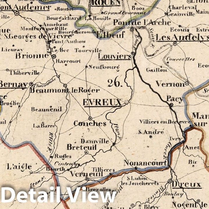 Lower Seine, Eure, Eure-et-Loir, France - Road Map, 1825 - Historical Map Print