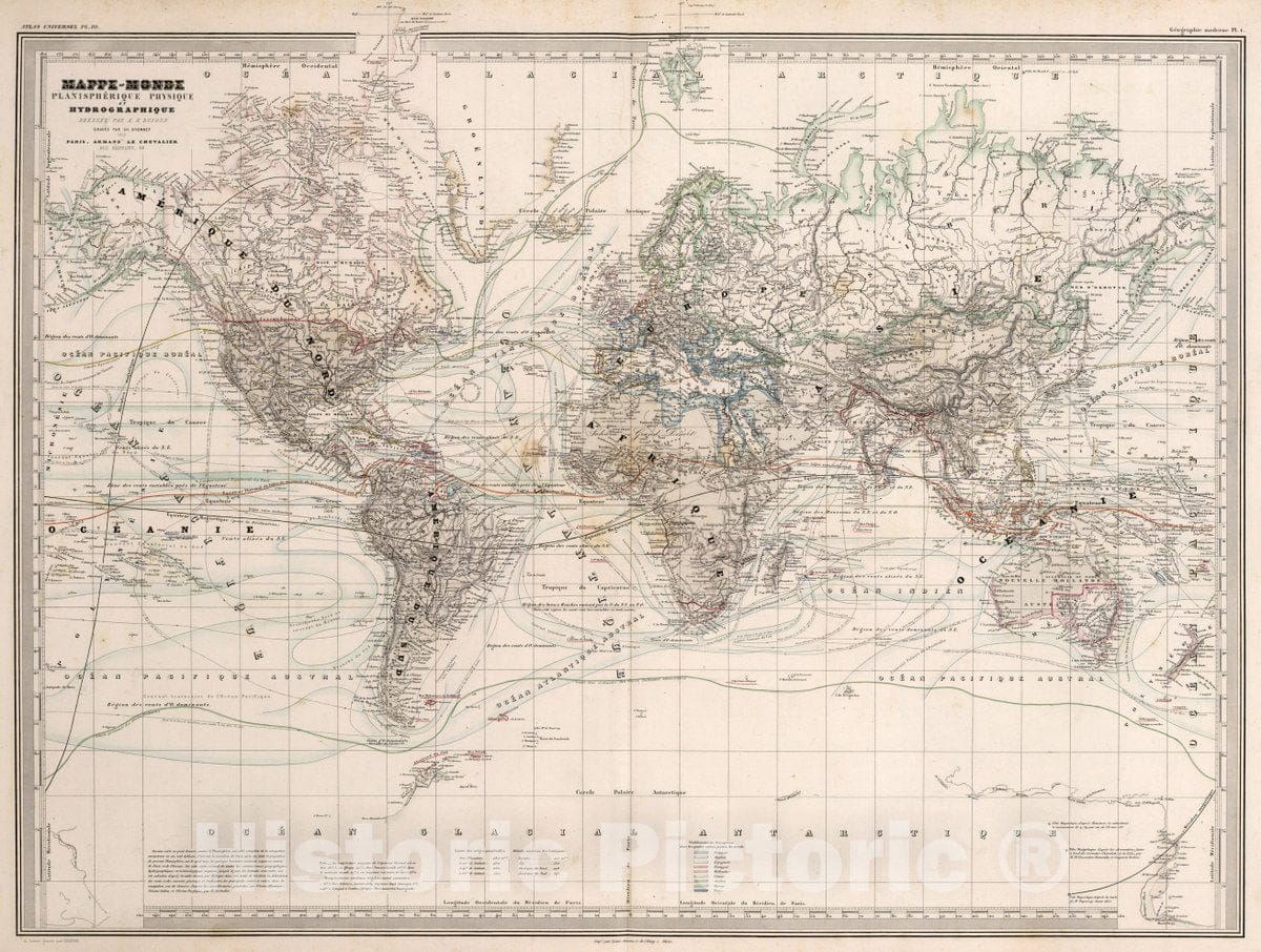 Historic Map : Mappe - Monde : Planispherrique, Physique et hydrographique. Pl. 10, 1864 Atlas - Vintage Wall Art