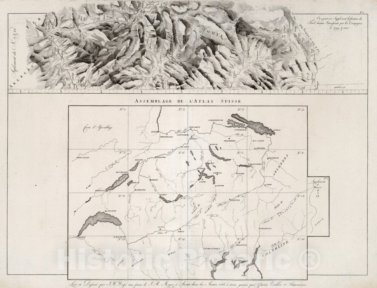Historic Map : Switzerland, No.1. Supplement de Numero 8 et 12. Index Map: Assemblage de l'Atlas Suisse, 1802 Atlas , Vintage Wall Art