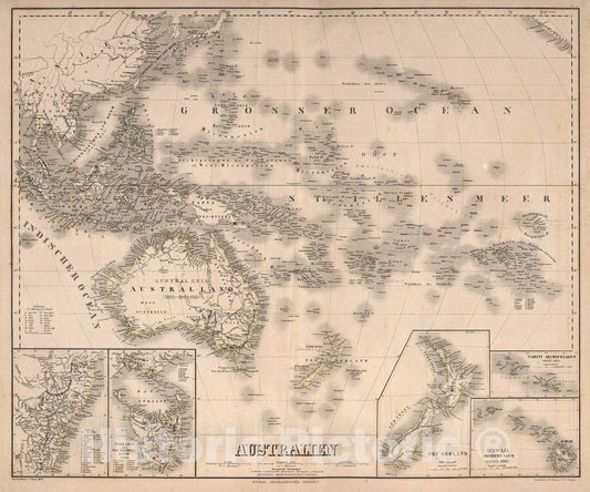 Historic Map : Australia, , Pacific Australien. Neu bearbeitet v. C. GRAF 1863., Vintage Wall Art