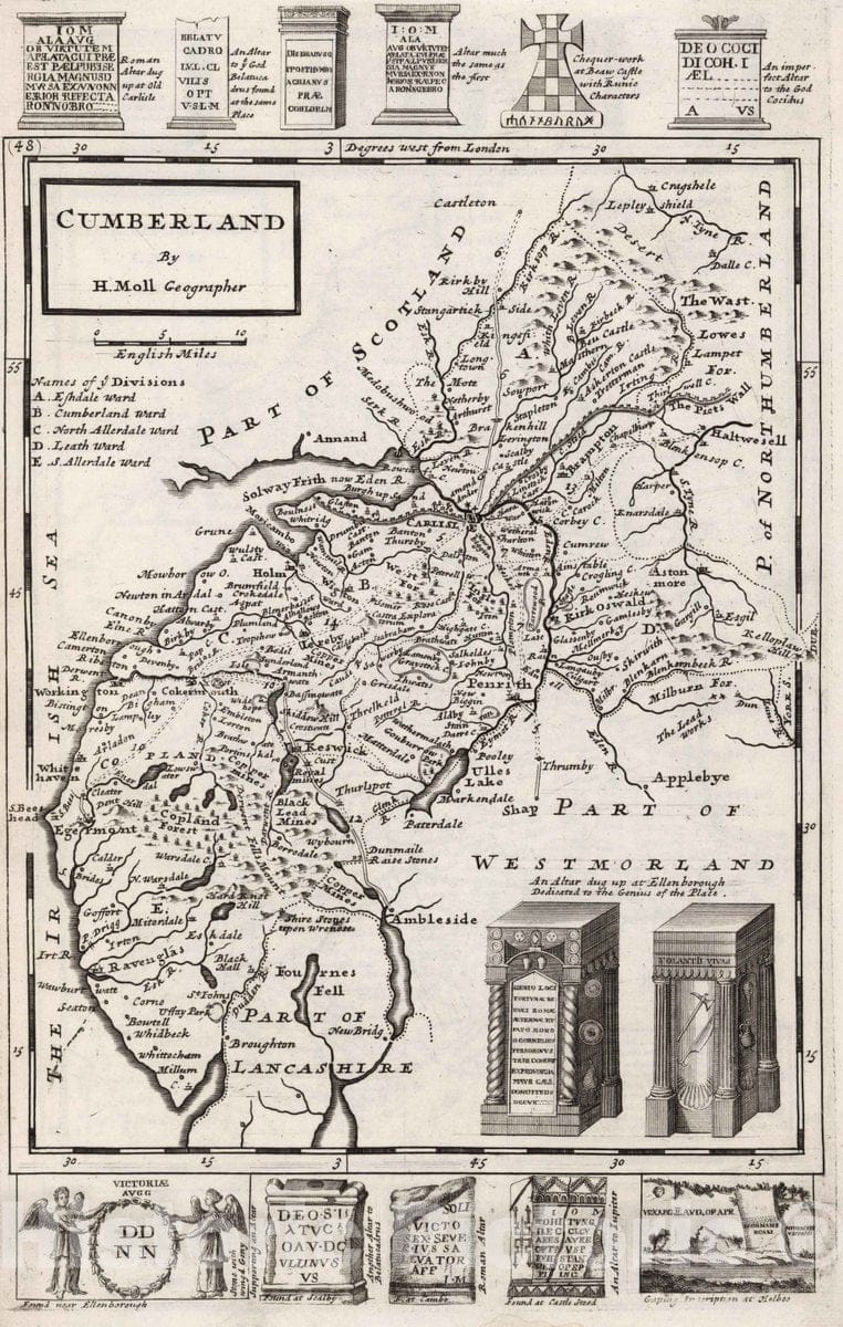 Historic Map : 1724 National Atlas - Cumberland. by H. Moll Geographer - Vintage Wall Art