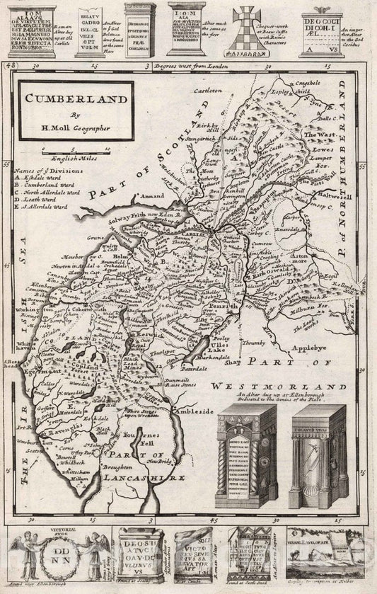 Historic Map : 1724 National Atlas - Cumberland. by H. Moll Geographer - Vintage Wall Art