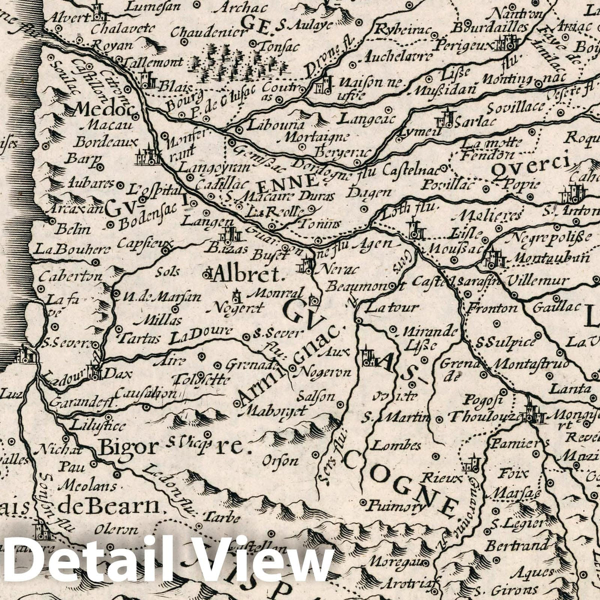Aquitaine, France - River Map, 1636 - Historical Map Print
