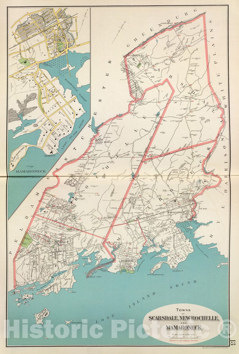 Historic Map : Scarsdale, New Rochelle, Mamaroneck towns., 1893, Vintage Wall Decor