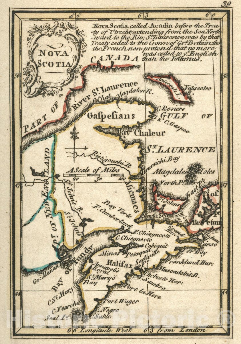 Historic Map : Nova Scotia. Atlas Minimus or a New Set of Pocket Maps of The Several Empires, Kingdoms and States of The Known World, 1758 Vintage Wall Art