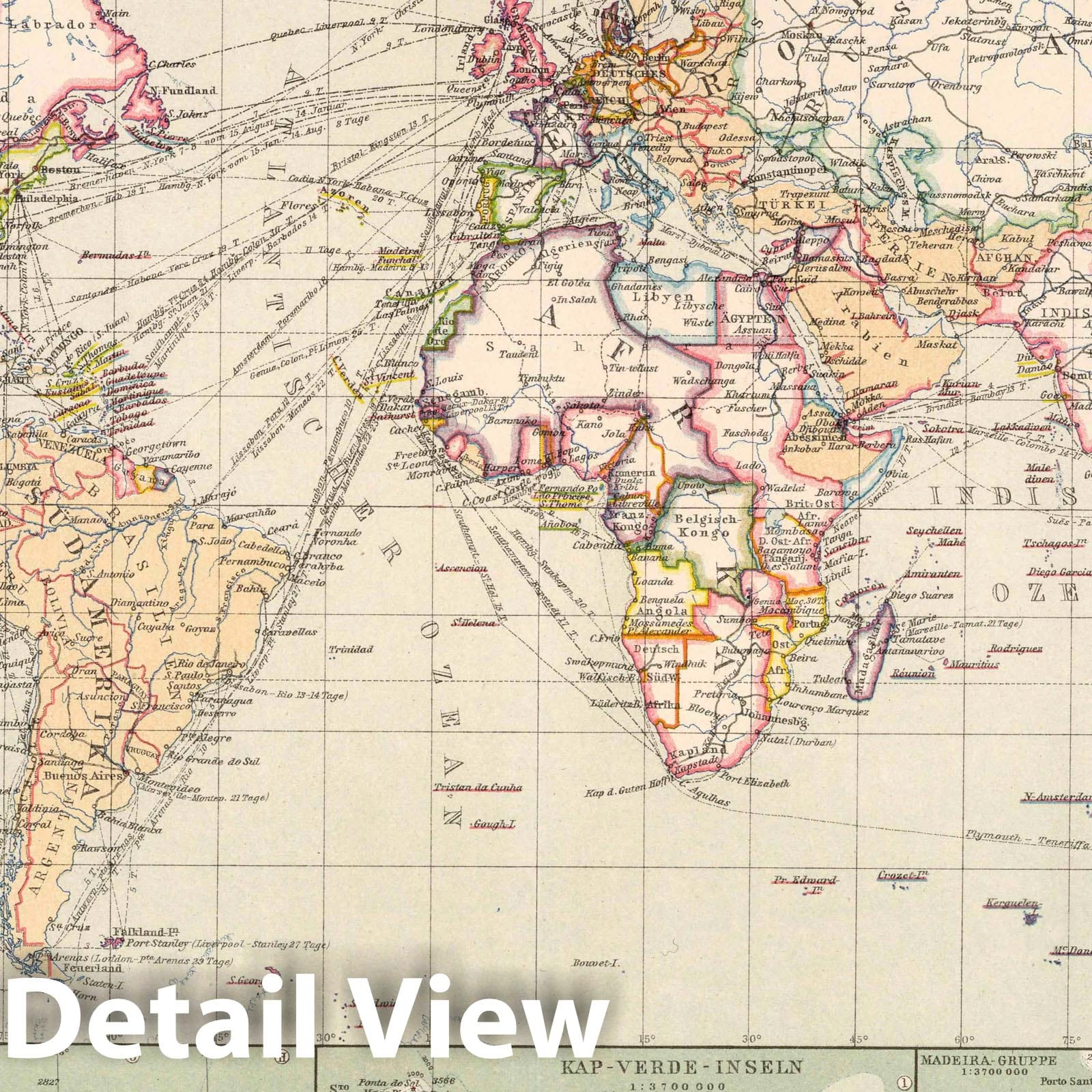 World Map with Atlantic Island Insets, 1925 - Stieler's Atlas Historical Map Reproduction