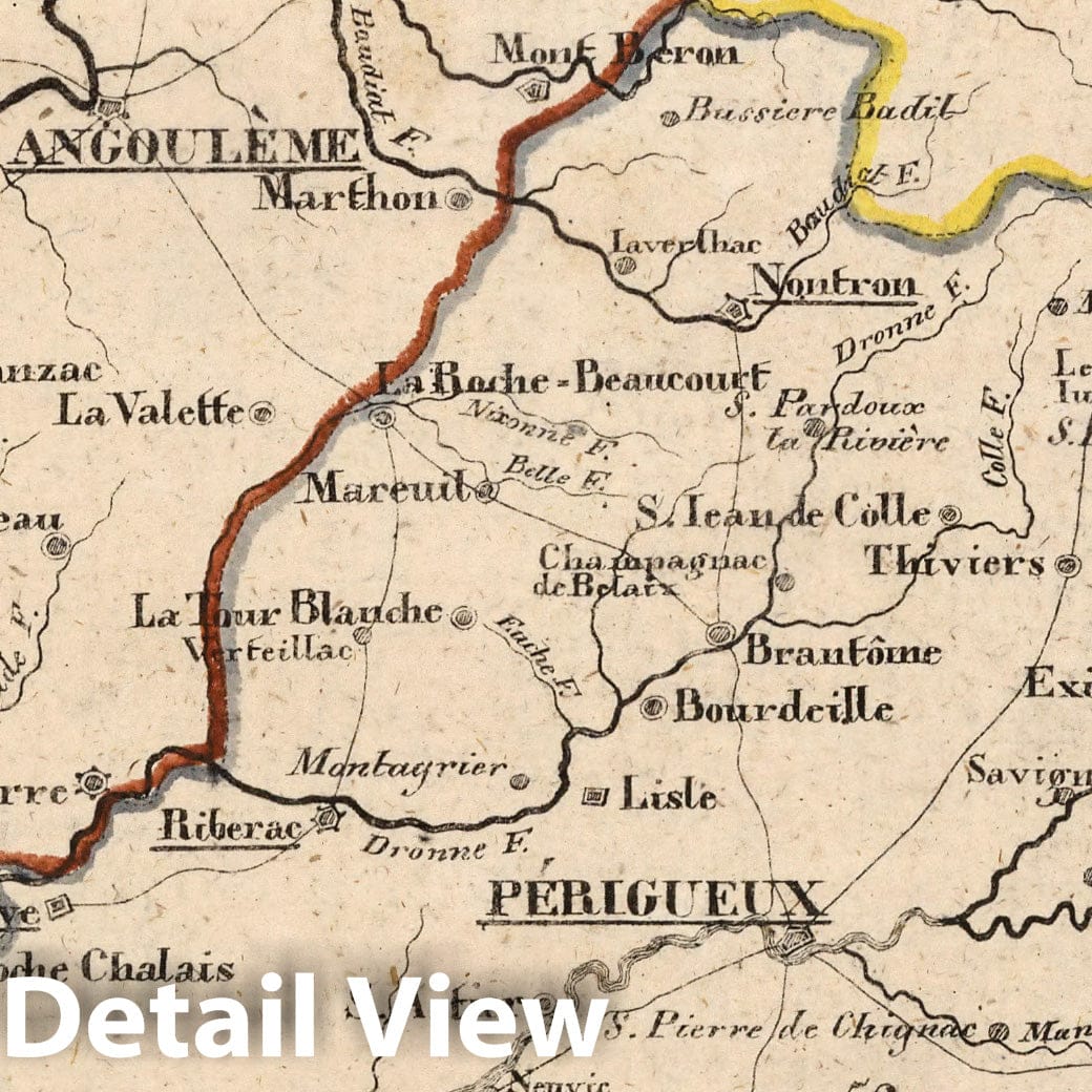 Dordogne and Charente, France - Road Map, 1825 - Historical Map Print
