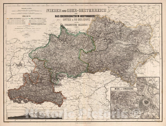Historic Map : Austria, Vienna Region (Austria Nieder und Ober-Oesterreich, 1864, Vintage Wall Art