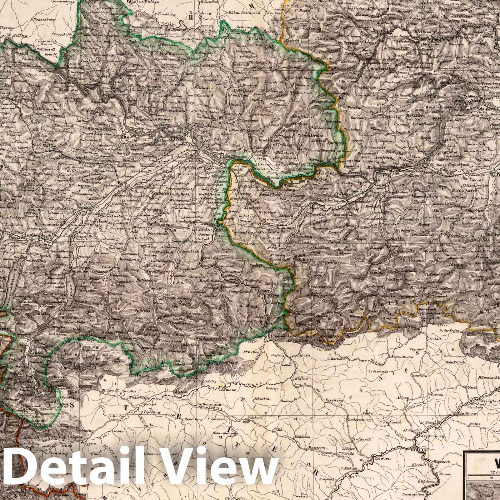 Lower and Upper Austria and Salzburg - Physical Map, 1864 - Historical Map Print