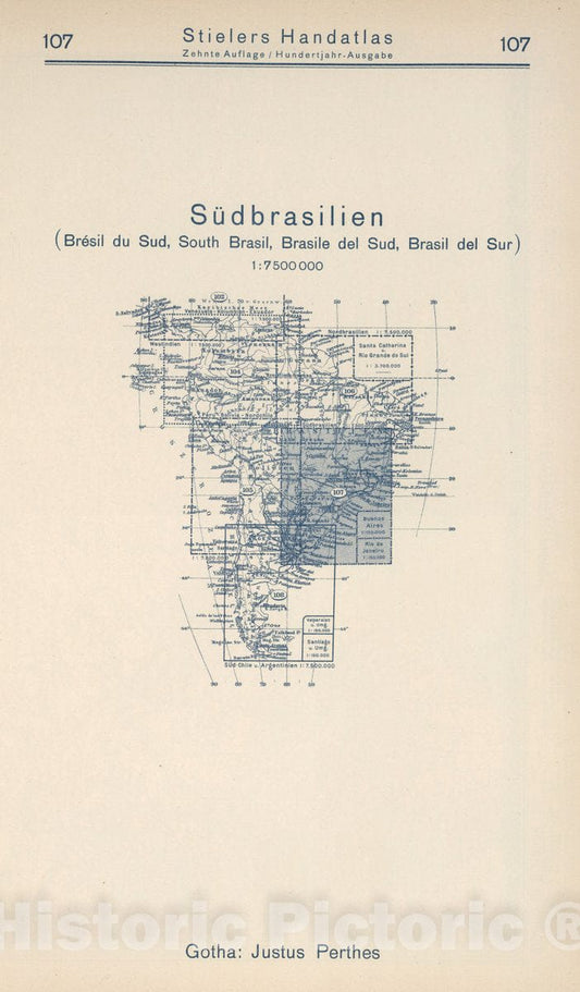 Historic Map : 1925 Index Map: 107. Sudbrasilien. South Brasil. - Vintage Wall Art