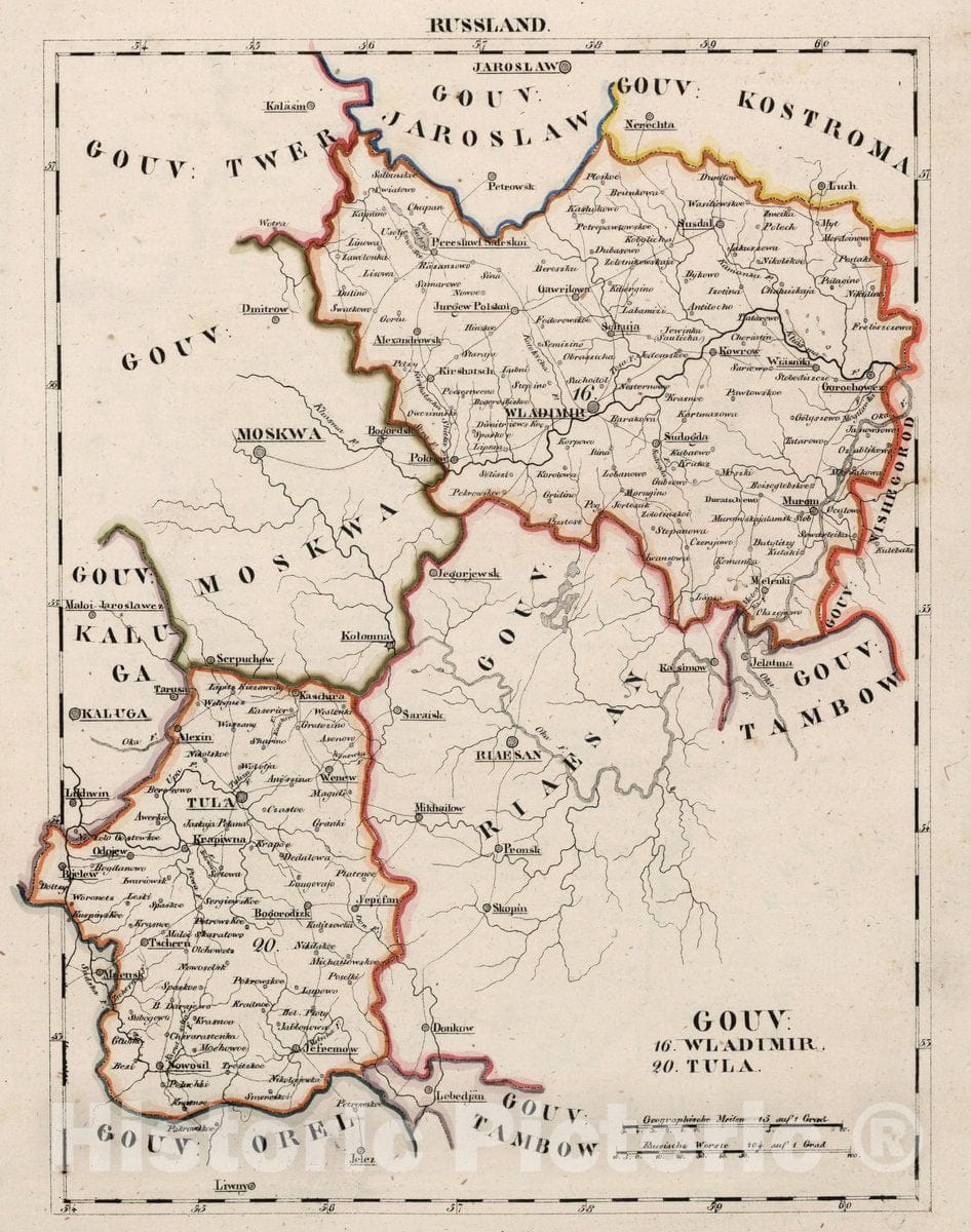 Historic Map : Russia, V.3:11-15:XIII. Russland. Gouv: 16.Wlandimir. 20. Tula, 1829 Atlas , Vintage Wall Art