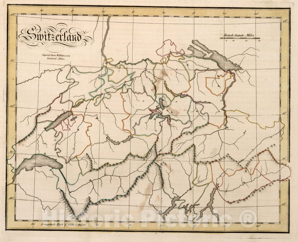 Historic Map : Switzerland. Copied from Wilkinson's General Atlas, 1815 Atlas - Vintage Wall Art
