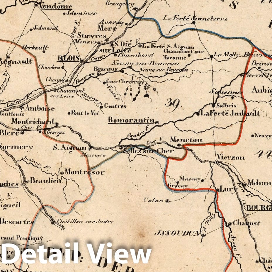 Indre and Loire, Loire and Cher Departments, France - Road Map, 1825
