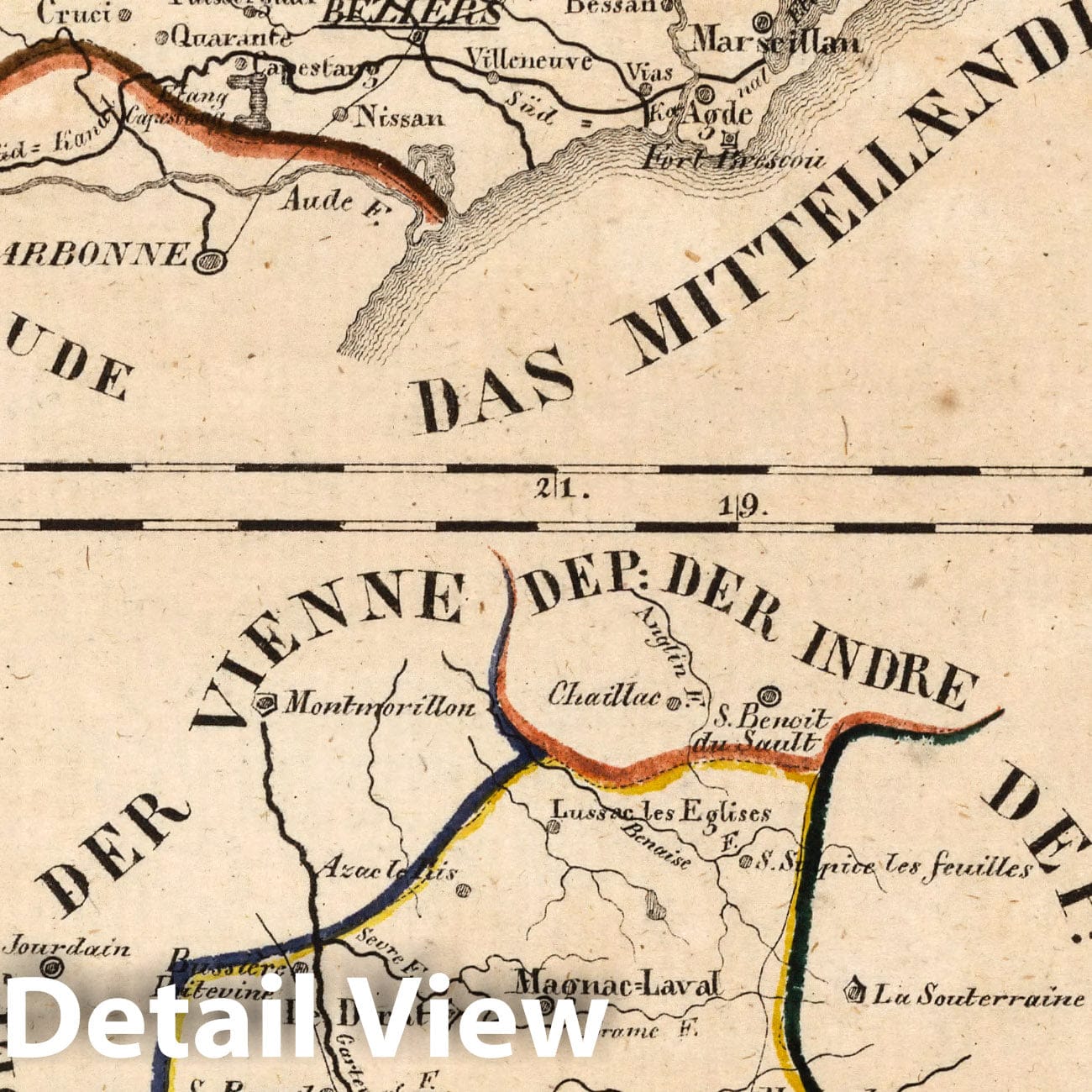 Herault and Upper Vienne, France - Road Map, 1825 - Historical Map Print