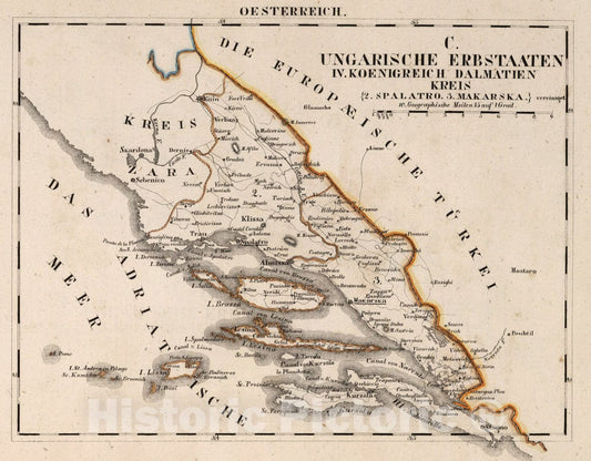 Historic Map : Austria, V.3:11-15:XII: 2. Oesterreich. C. Ungarische erbstaaten. IV. Koenigreich Dalmatien Kreis, 1828 Atlas v2 , Vintage Wall Art