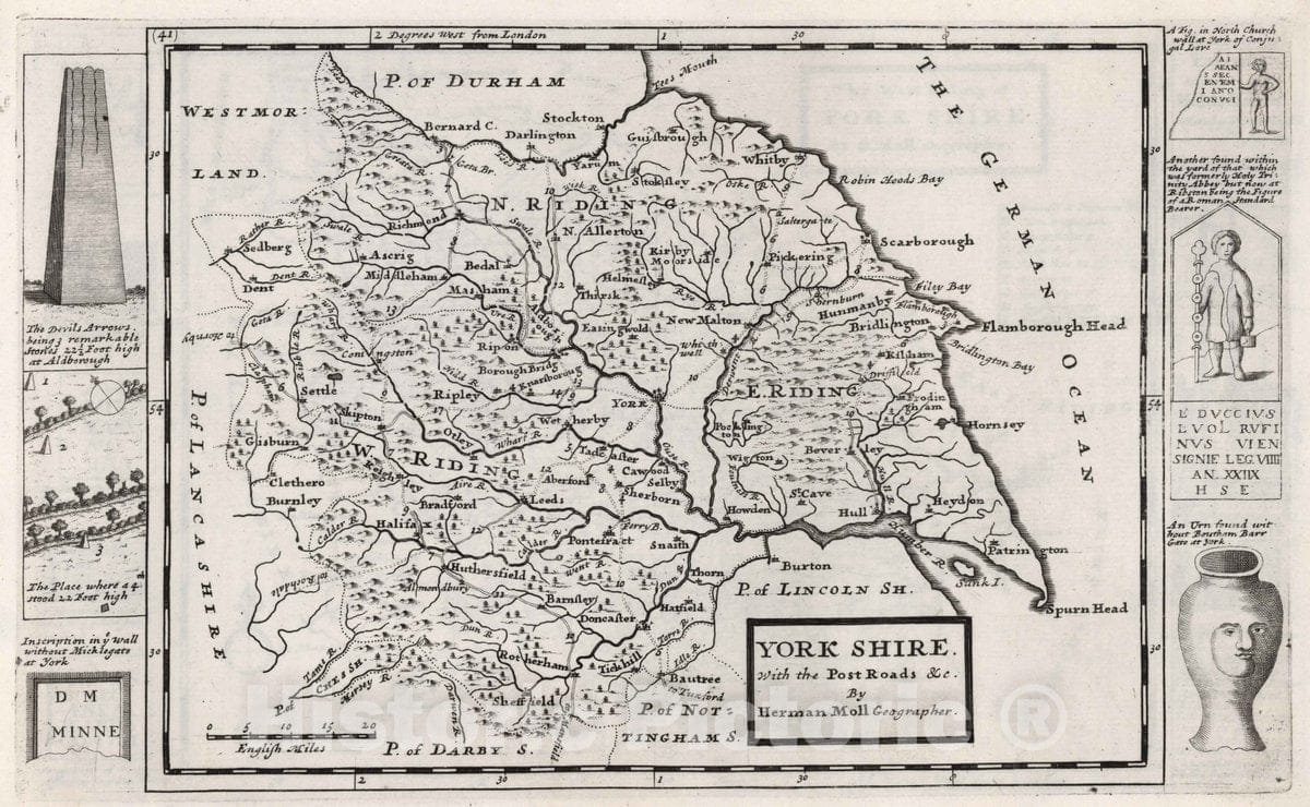 Historic Map : 1724 National Atlas - York Shire with The Post Roads &c. by Herman Moll Geographer - Vintage Wall Art