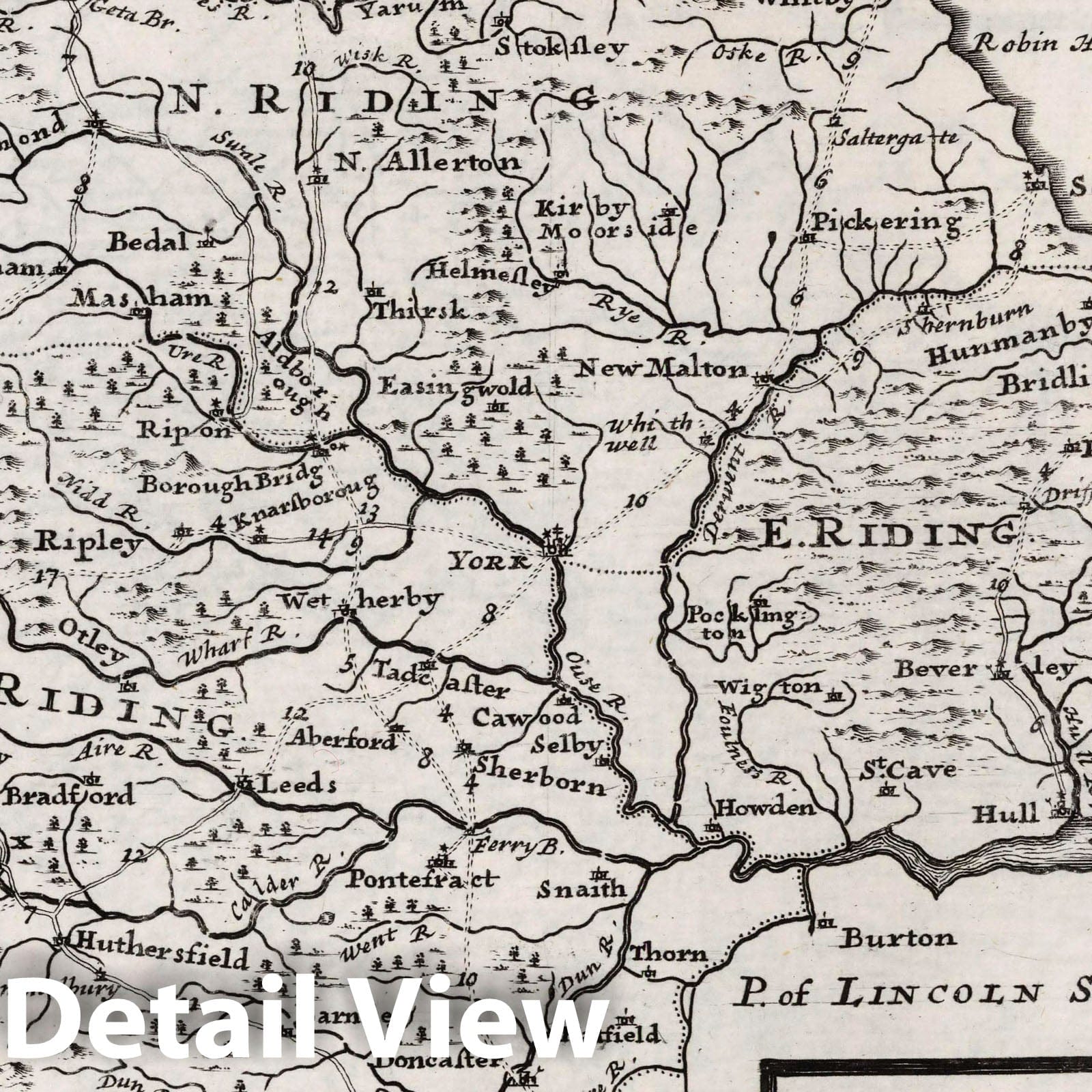 Yorkshire - Road Map, 1724 - Herman Moll Historical Map Print