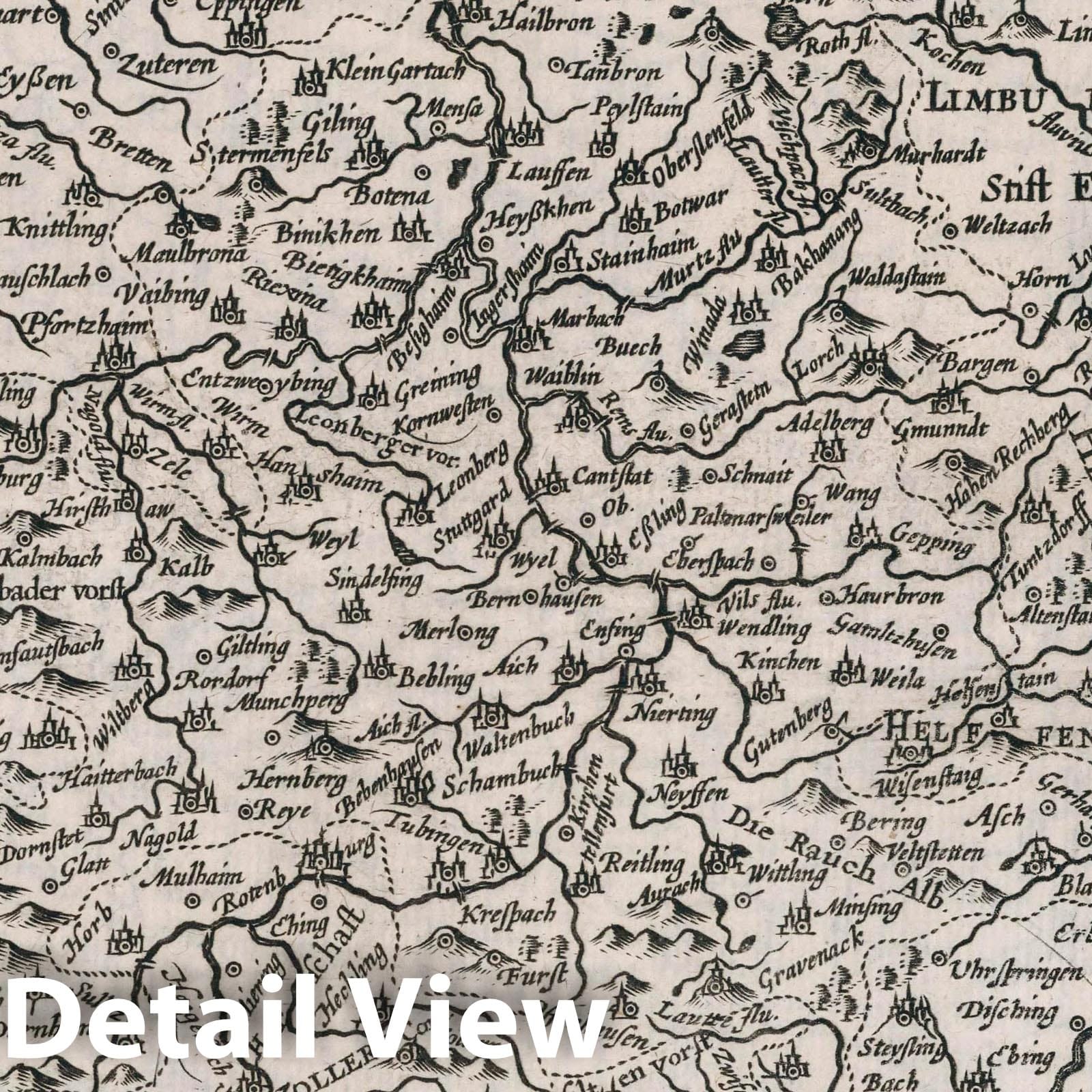Wurttemberg - River Map, 1636 - Historical Map Print
