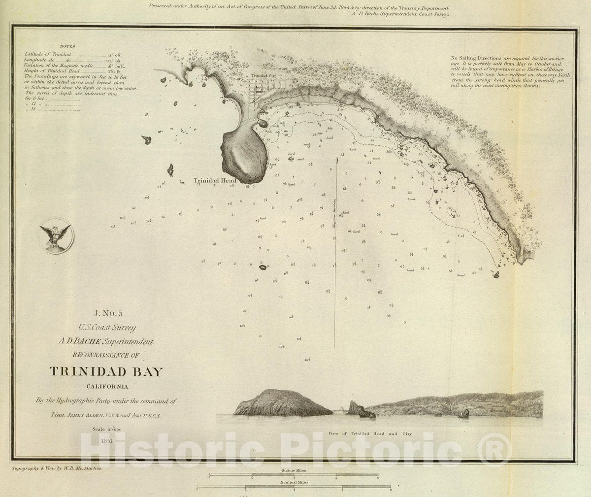 Historic Map : Reconnaissance of Trinidad Bay, California. U.S. Coast Survey, A.D. Bache, Superintendent, 1851 Chart - Vintage Wall Art