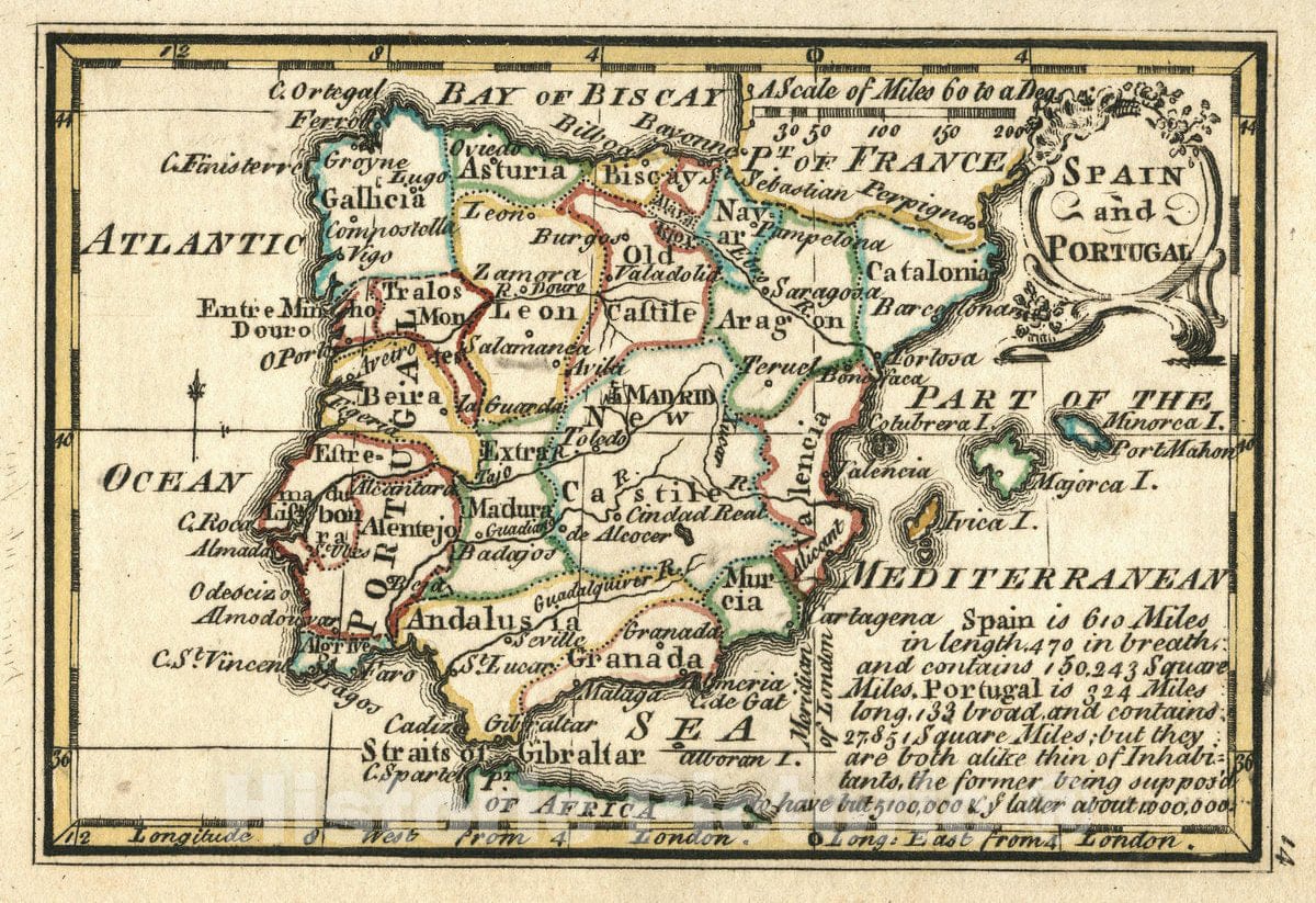 Historic Map : Spain And Portugal. Atlas Minimus or a New Set of Pocket Maps of the Several Empires, Kingdoms and States of the Known World, 1758 Atlas - Vintage Wall Art