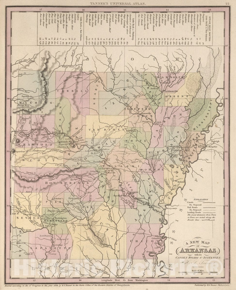 Historic Map : A New Map of Arkansas with Its Canals, Roads & Distances by H.S. Tanner, 1836 Atlas - Vintage Wall Art