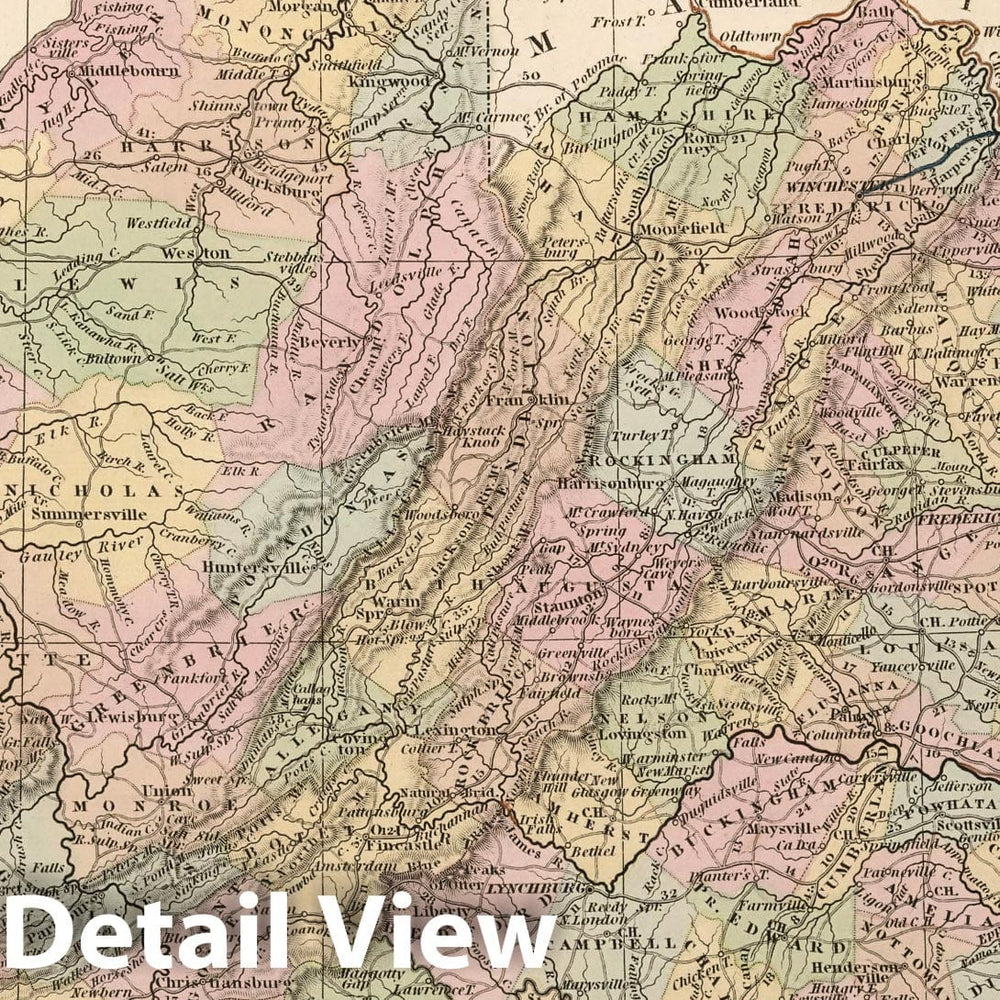 Historic Wall Map : A New Map of Virginia with the Canals, Roads & Distances by H.S. Tanner. (inset) Profile of th, 1836Vintage Wall Art