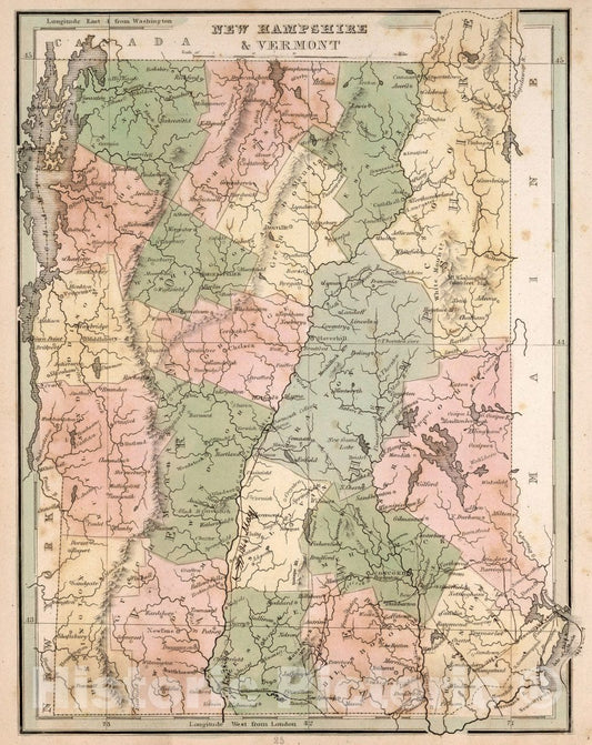New Hampshire and Vermont - Road Map, 1838 - Historical Map Print