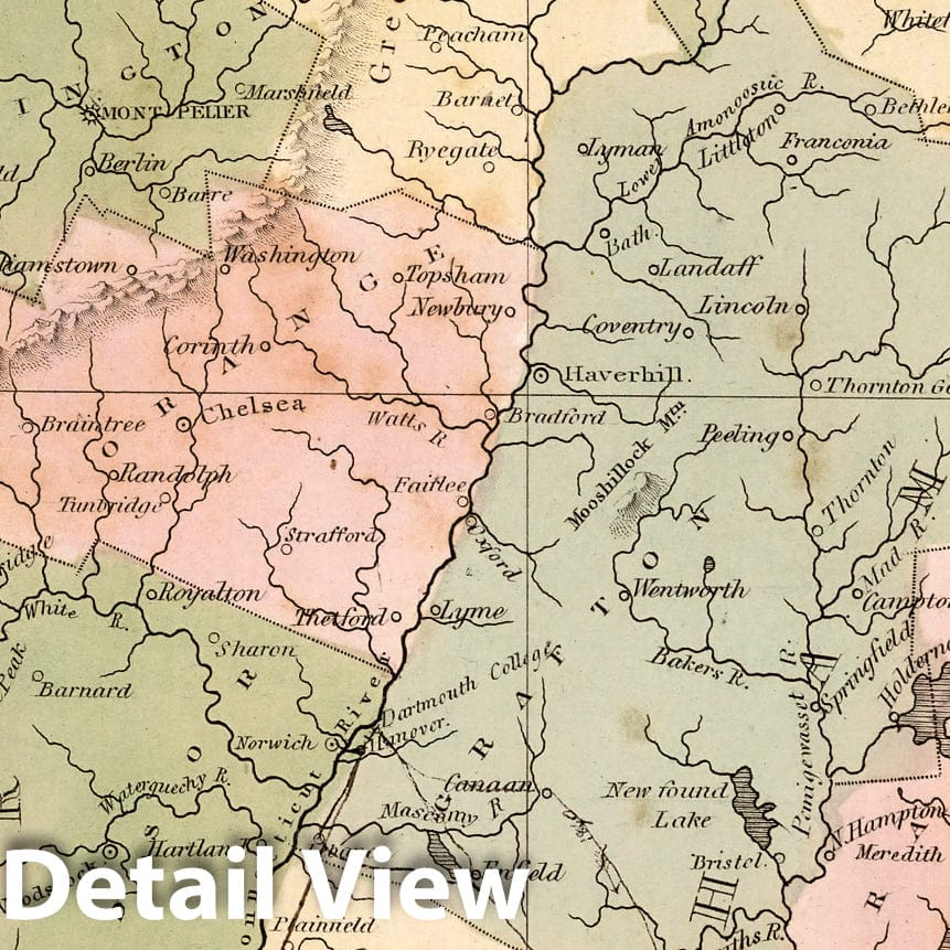 New Hampshire and Vermont - Road Map, 1838 - Historical Map Print