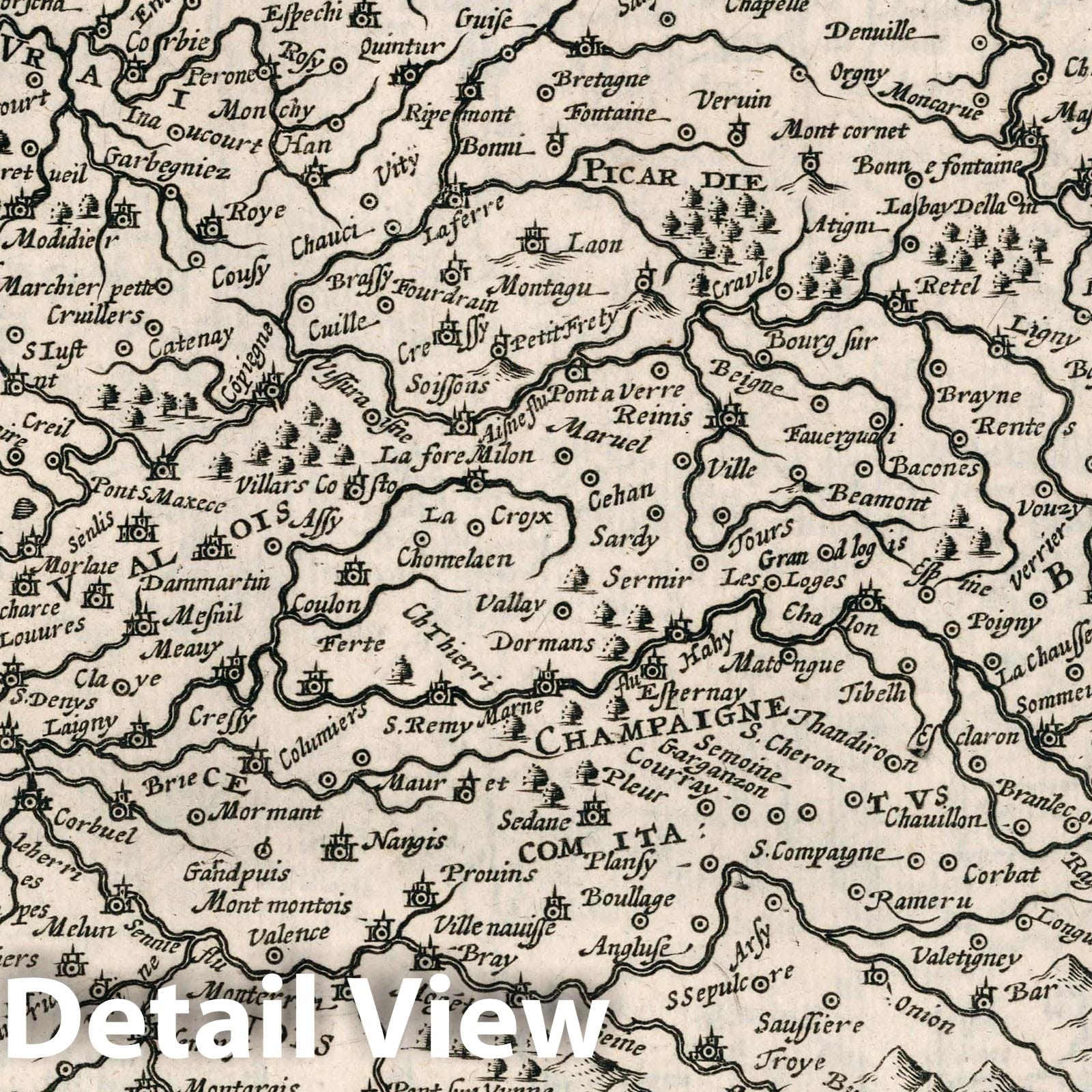 Picardy and Champagne, France - River Map, 1636 - Historical Map Print