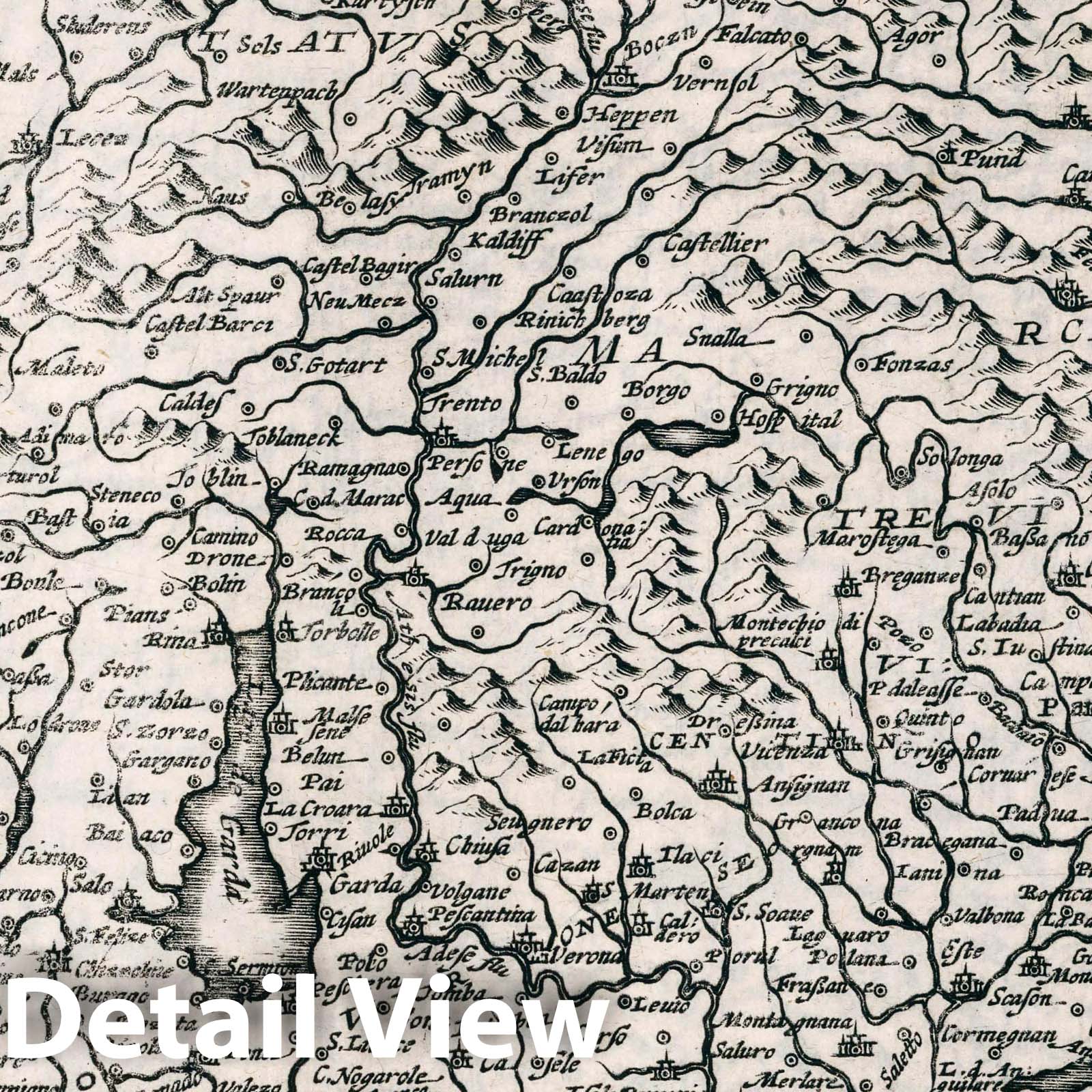 Tarvisina and Tyrol, Italy - River Map, 1636 - Historical Map Print