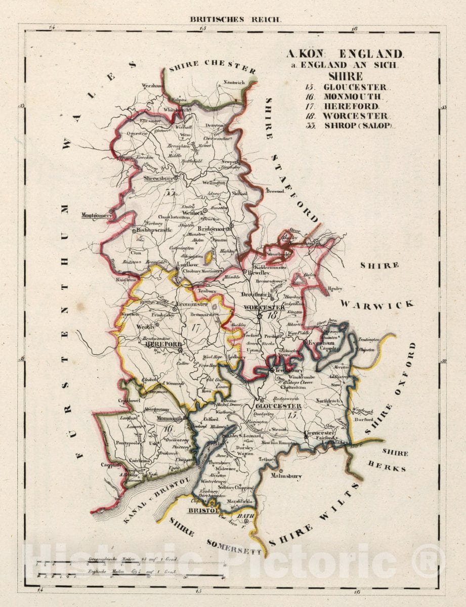 Historic Map : England, V.3:11-15:XV.Britisches Reich. A. Kon: England. a. England ab Sich: Shire:15-17, 33, 1830 Atlas , Vintage Wall Art