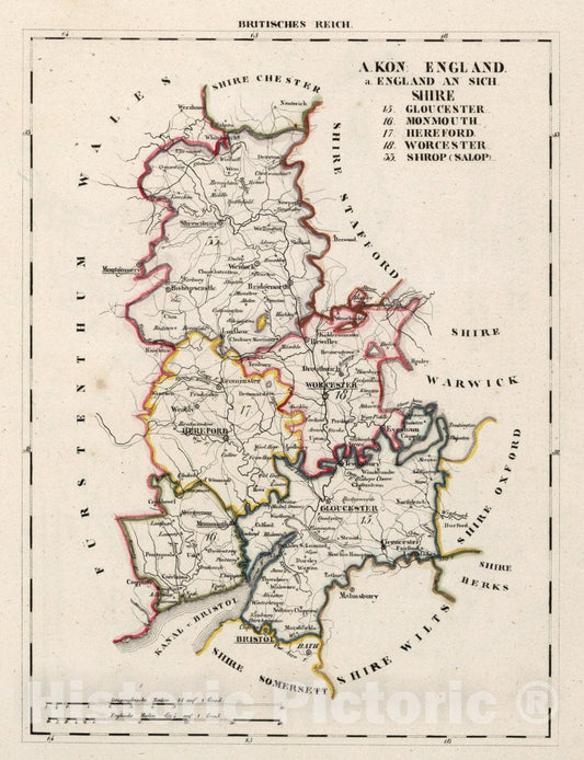 Historic Map : England, V.3:11-15:XV.Britisches Reich. A. Kon: England. a. England ab Sich: Shire:15-17, 33, 1830 Atlas , Vintage Wall Art