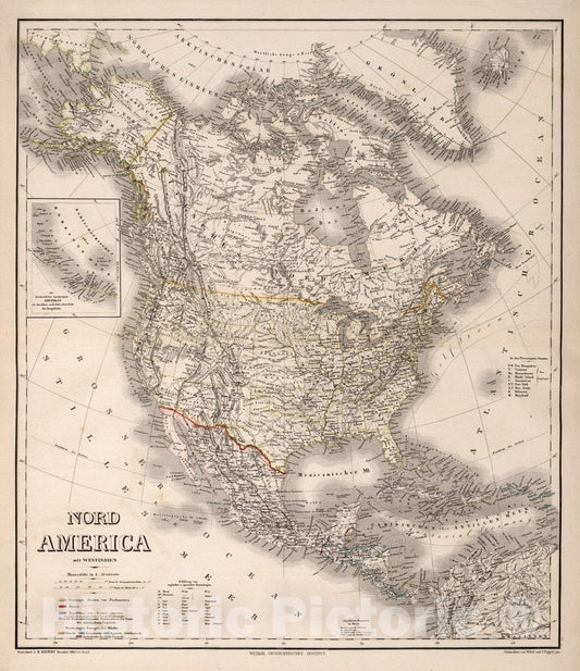 Historical Map : Nord America mit Westindien. Gezeichnet von H. Kiepert. Revidirt 1865 v. C. Graf. Gestochen von Wibel u. C. Poppey jun. Weimar: Geographisches Institu, 1865Vintage Wall Art