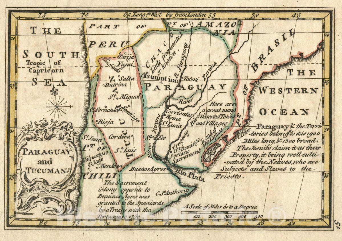 Historic Map : Paraguay And Tucuman. Atlas Minimus or a New Set of Pocket Maps of the Several Empires, Kingdoms and States of the Known World, 1758 Atlas - Vintage Wall Art