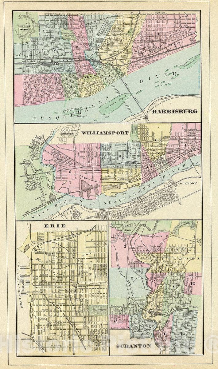 Historic Map : 1890 Harrisburg, Williamsport, Erie, Scranton. - Vintage Wall Art
