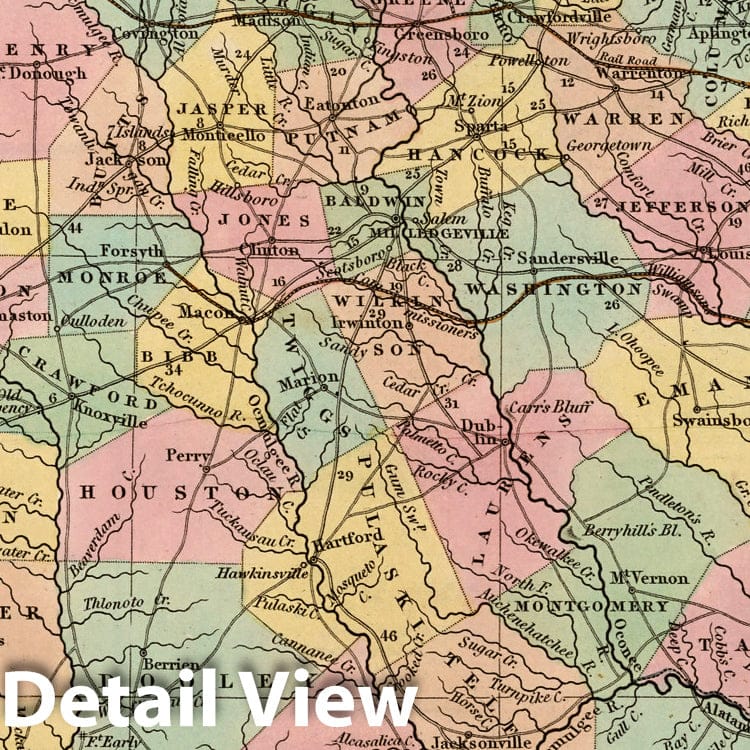 Georgia - Road Map, 1839 - Tanner's Universal Atlas Historical Map Print