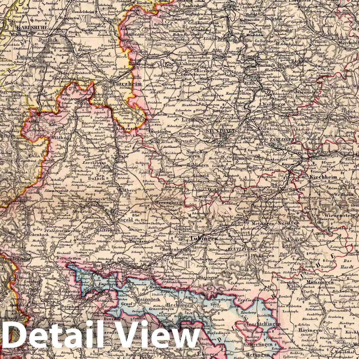 Wurttemberg and Baden, Germany - Railroad Map, 1864 - Historical Map Print