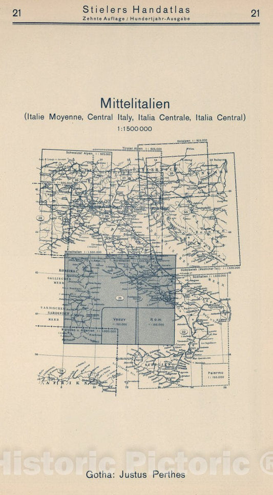 Historic Map : 1925 Index Map: 21. Mittelitalien. Central Italy. - Vintage Wall Art