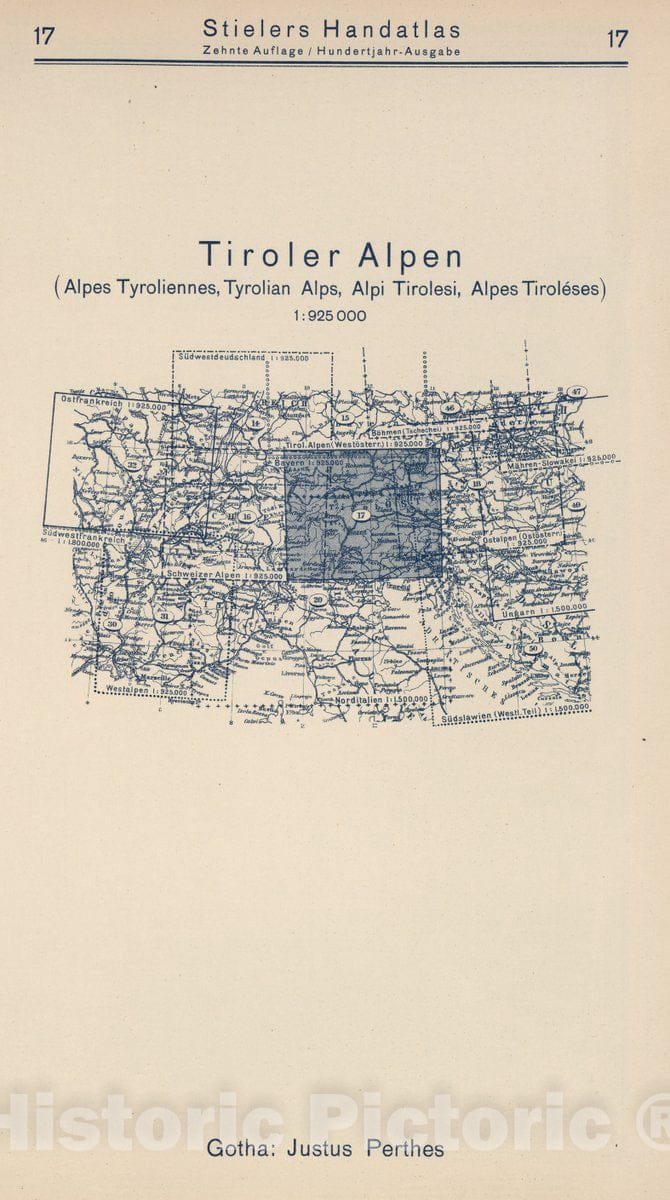 Historic Map : 1925 Index Map: 17. Tiroler Alpen. Tyrolian Alps. - Vintage Wall Art